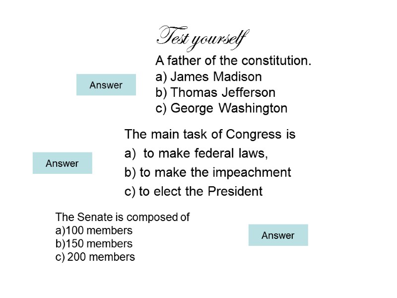 Test yourself A father of the constitution. James Madison Thomas Jefferson George Washington 